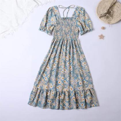 Bohemian Floral Print Summer Midi Dress With..