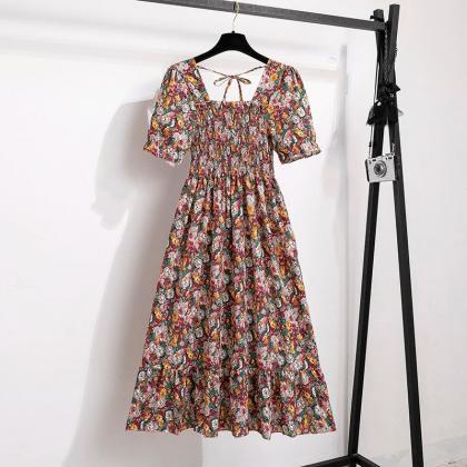 Bohemian Floral Print Summer Midi Dress With..