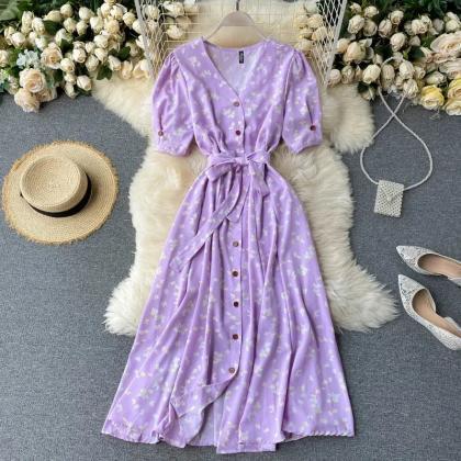 Womens V-neck Purple Floral Midi Wrap Dress