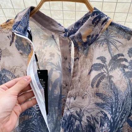 Womens Tropical Print Belted Midi Shirt Dress