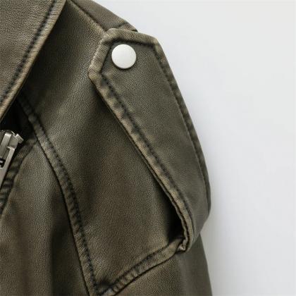 Womens Faux Leather Zippered Moto Jacket In Olive