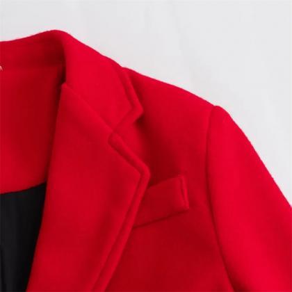 Elegant Long-sleeve Wool Blend Coat In Red And..