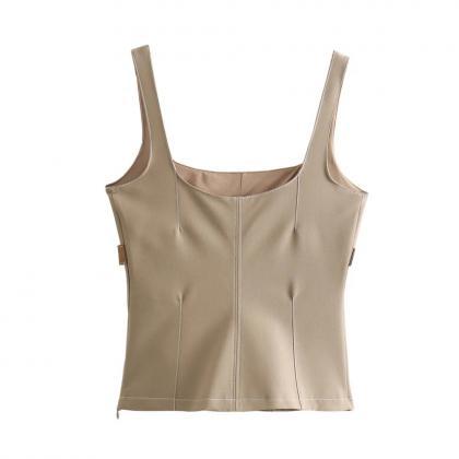 Womens Sleeveless Tan Top With Faux Leather Belt