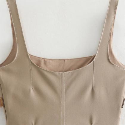 Womens Sleeveless Tan Top With Faux Leather Belt
