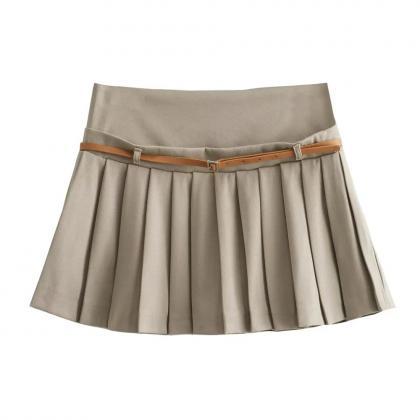 Womens Pleated Mini Skirt With Belt, Casual..