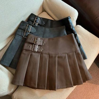 Womens High-waist Pleated Faux Leather Skirt With..