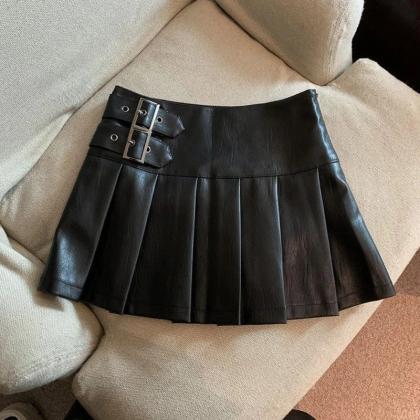 Womens High-waist Pleated Faux Leather Skirt With..