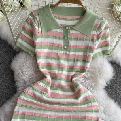 Casual Striped Polo-style Knit Dress With Collar