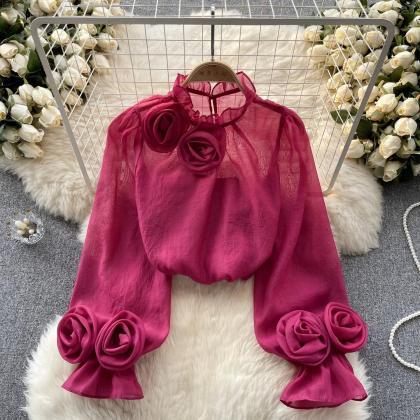 Elegant Magenta Chiffon Blouse With Rose Accents