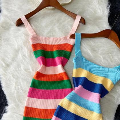 Sleeveless Striped Knit Summer Midi Bodycon Dress