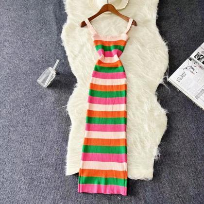 Sleeveless Striped Knit Summer Midi Bodycon Dress