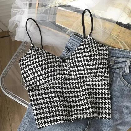 Womens Houndstooth V-neck Spaghetti Strap Crop Top