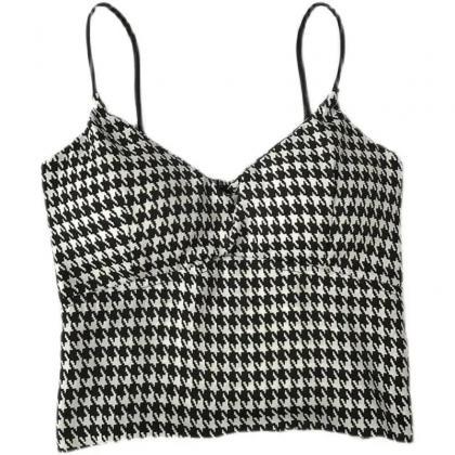 Womens Houndstooth V-neck Spaghetti Strap Crop Top