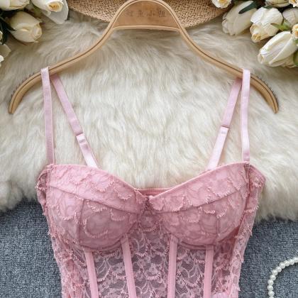 Vintage-inspired Pink Lace Corset Top Lingerie