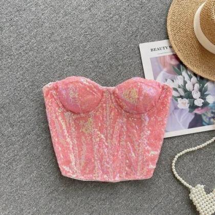 Womens Pink Sequined Bustier Crop Top Fashion
