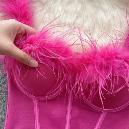 Womens Pink Feather Trim Bustier Crop Top