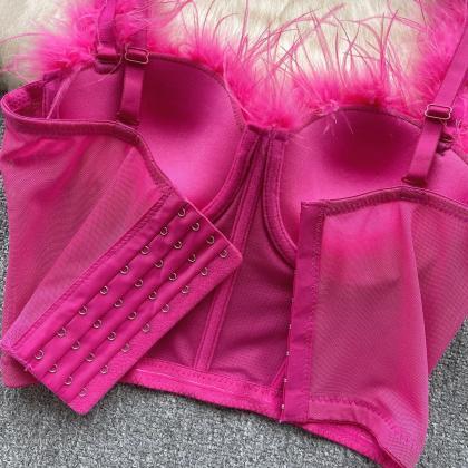 Womens Pink Feather Trim Bustier Crop Top
