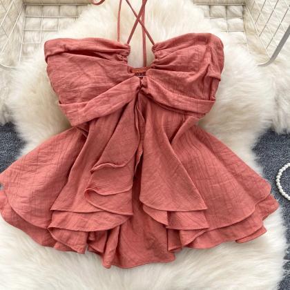 Womens Ruffled Bow Tie Back Summer Mini Dress