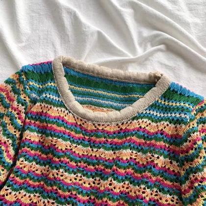 Womens Colorful Striped Crochet Knit Short Sleeve..