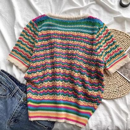 Womens Colorful Striped Crochet Knit Short Sleeve..