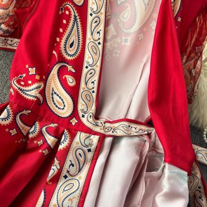 Elegant Red Paisley Print Satin Maxi Wrap Dress