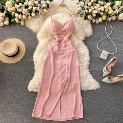 Elegant Satin V-neck Sleeveless Pink Midi Dress