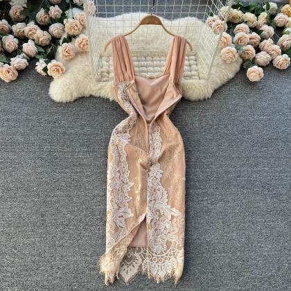 Elegant Lace Bodycon Midi Dress With Plunge..