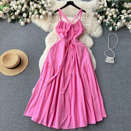 Sleeveless Spaghetti Strap Pink Midi Summer Dress