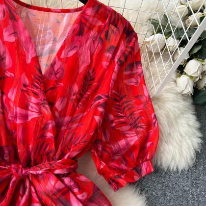 Womens Floral Print Chiffon Ruffle Wrap Dress