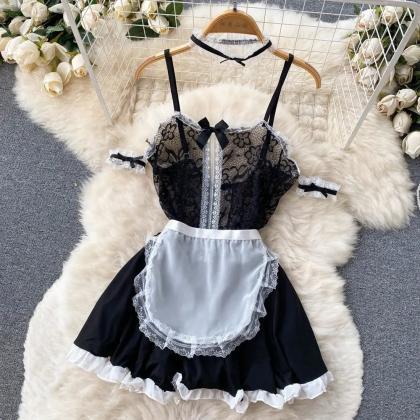 Womens Vintage Lace Apron Maid Costume With..