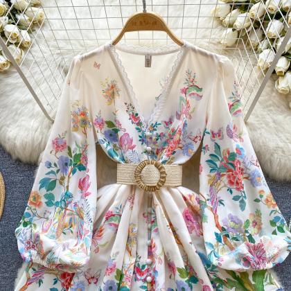 Bohemian Floral Print Belted Kimono Sleeve Mini..