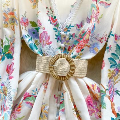 Bohemian Floral Print Belted Kimono Sleeve Mini..