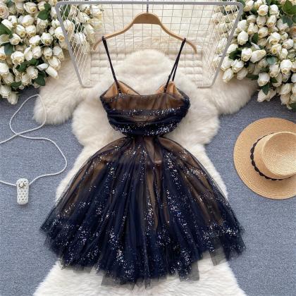 Womens Sparkling Navy Tulle Cocktail Dress With..