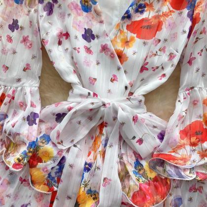 Floral Chiffon V-neck Ruffle Sleeve Mini Dress