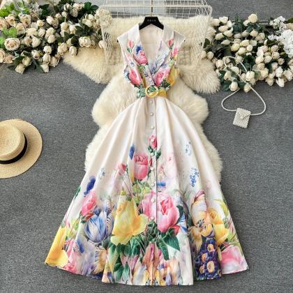 Elegant Floral Print Sleeveless Midi Belted Summer..
