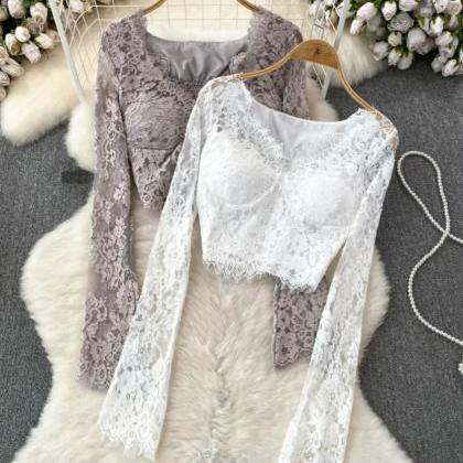 Elegant Long Sleeve Lace Crop Top Blouses Set