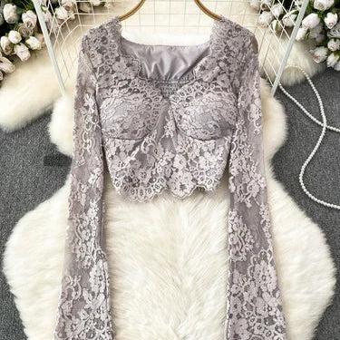 Elegant Long Sleeve Lace Crop Top Blouses Set