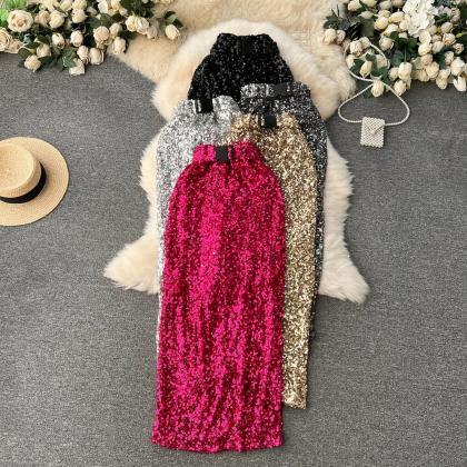 Womens Sparkling Sequin Bow Belt Maxi Skirts