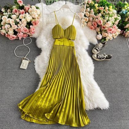 Elegant Olive Green Pleated Satin Maxi Dress For..