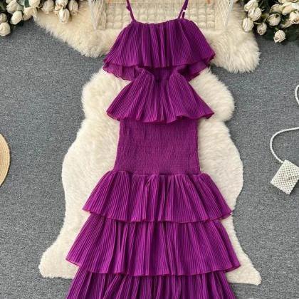 Womens Tiered Ruffle Pleated Summer Cocktail Dress..