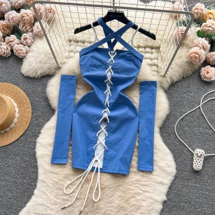 Womens Sleeveless Lace-up Blue Denim Dress With..