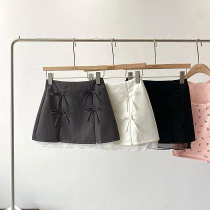 Womens Bow Detail Mini Skirts With Lace Hemline