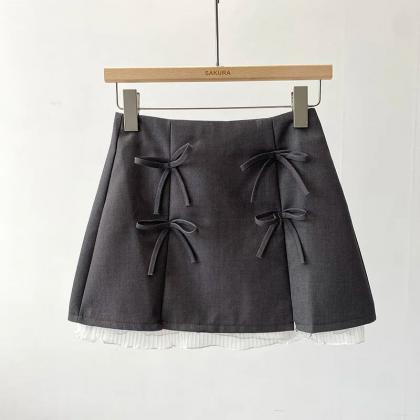 Womens Bow Detail Mini Skirts With Lace Hemline