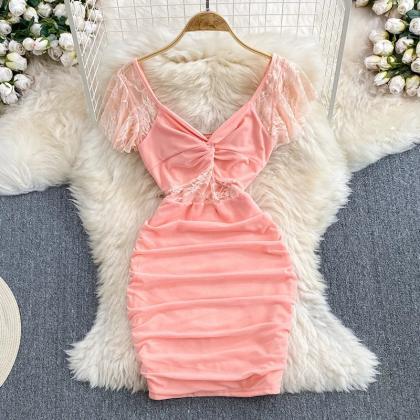 Elegant Peach Lace Sleeve V-neck Bodycon Dress