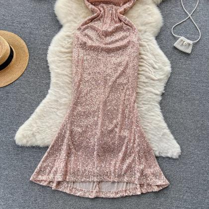 Elegant Rose Gold Sequin Halter Neck Maxi Dress