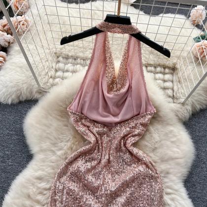 Elegant Rose Gold Sequin Halter Neck Maxi Dress