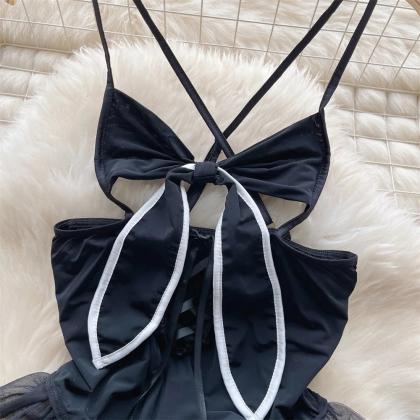 Elegant Black Satin Tulle Bow Tie Bodysuit..