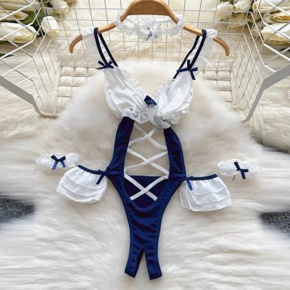 Womens Navy Blue And White Lace-up Swimwear..