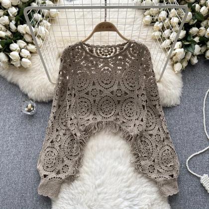 Bohemian Crochet Lace Fringe Hem Pullover Sweater..