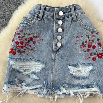 Womens Floral Embroidered Denim Skirt With Frayed..